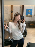 Tie Long-Sleeved Bow Tie Shirt Micro-Permeable V-Neck Knitted Bottom Shirt Women's Spring Style Top