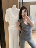 Summer Lazy Wind Loose V-Neck Blouse 2025 New Short-Sleeved T-Shirt Women's Bat Sleeve Shirt Ins