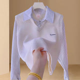 Fake Two Striped Splicing Knitted Long-Sleeved Shirt Women's Spring New Leisure College Style Stacked Clothes