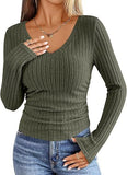 2026 New Female Pure Color V-Neck Fashion Long-Sleeved Pitted Haired Women's T-Shirt