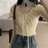 Design Wood Ear With Short-Sleeved T-Shirt For Women's Summer Pure-Want Style Slim Short V-Neck Top Hot Girl