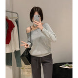 Gray Oblique Shoulder Long-Sleeved T-Shirt Girl Early Autumn Loose Word Shoulder Slack Feeling Hottie Sexy Unique Temperament Blouse