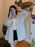 Korean Bow Print Blue Vertical Striped Shirt Women's Autumn Chic Lazy Long-Sleeved Coat Thin