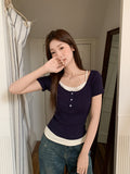 Milk Yellow Fake Two Broken Flowers Short Sleeves T-Shirt Women's 2026 Summer New Sweet Temperament Slim Thin Top