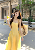 Tea Break French Yellow Sling Dress Women Summer Gentle Wind Seaside Holiday Waist Thin Beach Long Skirt