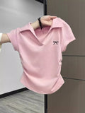 Pure Cotton Polo Collar Short-Sleeved T-Shirt Women's Summer Dress Large-Size Bottom T-Shirt Fat Mm Thin High-End Wrinkled Short Blouse