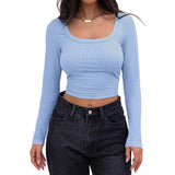 2025 Thread Pit Strip Repair Short Long-Sleeved Square Collar T-Shirt Girl With Hot Girl Casual
