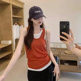 Vintage Diamond Red Thin Breathable Vest Sling Summer Women Loose Fake Two Anti-Walking Light Outside Wear Clothes