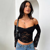 Women's Clothing 2025 Summer New Fashion Sexy Hottie Collar Long-Sleeved Lace Top Girl