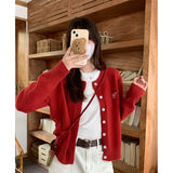 Red Round-Neck Long-Sleeved Knitted Shirt Women 2026 Autumn Embroidered Anco La Red Wearing Slim Top