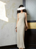 Spring And Summer New Elastic Bright Silk Tug Round Neck Cut Shoulder Slim Slim Temperament Waist Dress