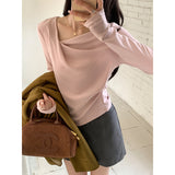Coffee Color Korean Slanted Shoulder Collar Long-Sleeved T-Shirt 2026 Autumn Bottom Folded Thin Inside Top