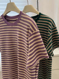 Striped Short-Sleeved Women's Summer Loose Shoulder T-Shirt Unique Design Sense Of Niche Body Half-Sleeved Top In Fashion