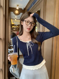 Tibetan Blue Wood Ear Long-Sleeved T-Shirt 2026 Spring Korean Design Fake Two Stitching Bottom Of The Coat