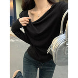 French Style Collar A Word Knitted Bottom Shirt Long-Sleeved Women Autumn And Winter Oblique Angle Shoulder Wrinkle Inside A Beautiful Top