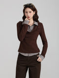 Korean College Style Fake Two Striped Shirt Collar Long Sleeves Of Women 2026 Autumn Slimming Inside The Bottom Of The Top