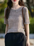 2025 Summer New Round Collar Knitted Short-Sleeved T-Shirt Women's Knitted Knitted Jersey Loose Lazy Blouse Lyselle Thin