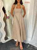 Dili 2025 Spring And Summer Leisure Resort Wind Solid Color High-Waistless Sleeveless Hanging Neck Dress Women's Dress