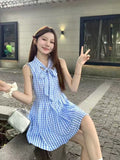French Blue Sleeveless Hanging Neck Lattice Dress Women's Summer 2026 New Small Man Holiday Short Skirt