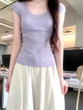 Korean Version Of The Solid Color Ice Silk Knitted U Collar Short-Sleeved T-Shirt Girl Summer Thin Thinch Waist Thin Simple Temperament Blouse