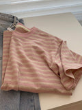Striped Short-Sleeved Women's Summer Loose Shoulder T-Shirt Unique Design Sense Of Niche Body Half-Sleeved Top In Fashion