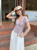 Fake Two Design Shawl V-Neck Short-Sleeved T-Shirt Women 2026 Summer New French Gentle Casual Blouse
