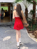 French Red Lace Lace V-Necked Neck Dress Woman Summer Seaside Holiday Slim Thin Babes Short Dress