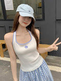 Korean Pure Sweet And Spicy Embroidered Flowers Spliced Sling Vest Women's Summer New Sleeveless Hanging Neck Top