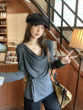 Gray Lazy Wind Folds And Shoulders Collar Loose Solid Long-Sleeved T-Shirt New Korean Version Of Autumn Women's Top