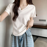 White Short-Sleeved T-Shirt Women's Summer Front Shoulder Thin Design Embody Irregular Short V-Neck Collar Collar Collar Collar Collar Collar Collar Collar Collar Collar Collar