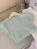Mint Green Knitted Shoulder Ice Silk Short-Sleeved T-Shirt Women 2025 New Burst Summer Dopamine Chic Top