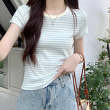 Blue And White Striped Shoulder Short-Sleeved T-Shirt Women's Summer Chic Repair Pure Cotton Basic Inside The T-Shirt