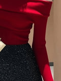 Red Small Open Shoulder Collar Knitted Bottom Shirt Woman With Autumn And Winter Unique French Sweet Hottie Top