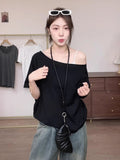 Design-Sensitive Oblique Shoulder Short-Sleeved T-Shirt Woman 2025 New Summer Chic Shoulder Sympathizes With Pure Cotton-Dense Shawl Ins