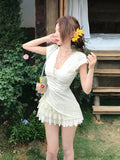 Pure-Want Hottie Fake Two Lace Embroidery V-Neck Dress Women's New Summer Waist Thin Ass Short Skirt