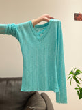 Blue V-Neck Hollow Long-Sleeved Knitted Shirt Women 2026 Thin Slime Shirt Inside The Bottom Shirt