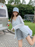 Unique Blue And White Stripes Bump Round Neck Long Sleeve Sunscreen Shirt Women Summer Open Fork Bare Back Pure T-Shirt Small Top