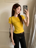 Yellow Shoulder Letter Hot Diamond Design Sense Short-Sleeved T-Shirt For Women's Summer Short-Form Niche 2026 New Top