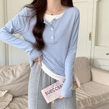 This Year's Popular Splicing Button Half-Open-Neck Long Sleeves Hit Two T-Shirts Women's Gas Hit Bottom Shirt Tops
