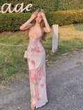 French Romantic Floral Sling Dress Women's Summer Seaside Holiday To Show Thin Fishtail Ass Skirt Net Yarn Dress