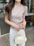 Round Neck Wave Point Short-Sleeved Knitted T-Shirt Girl New Summer Shoulder High-End Small Incense Half-Sleeved Top 2025 Explosion