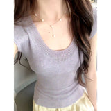 Korean Version Of The Solid Color Ice Silk Knitted U Collar Short-Sleeved T-Shirt Girl Summer Thin Thinch Waist Thin Simple Temperament Blouse
