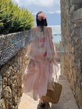French Atmosphere-Sensitive Oil Painting Sling Dress Women's 2026 Summer New Seaside Wind Fold Mesh Dress