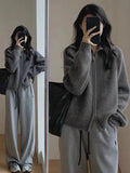 Vintage Gray Collar Knitted Sweater Cardigan Coat Women Autumn Winter Loose Lazy Wind Outside Wear Double Zipper High Collar