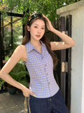 Blue-Green Lattice Polo Collar Vest Sling Suit 2026 Summer New Design Sense Loose Thin Sleeveless Top