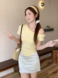 Milk Yellow Wood Ear Twill Collar Shoulder Short-Sleeved T-Shirt 2026 Summer Wrinkled Waist Design Feel Thin Top