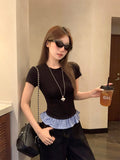 Unique Super-Looking Lattice Lotus Side Splicing Round Neck Collar T-Shirt New Thin Temperament Small Top