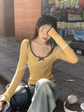 The Bow Bumped Color Hair Knitted Long-Sleeved T-Shirt Girl Han Linen Early Autumn Wearing Shoulder Repair Inside The Bottom Shirt Top
