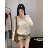 Tibetan Blue Babes Sexy Oblique Shoulder Long-Sleeved T-Shirt Girl With Shoulder Early Autumn Lazy Wind Loose Thin Shoulder