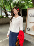 White Doll Collar Long-Sleeved T-Shirt Women's Bottom Shirt 2026 Autumn Collar Cardigan Design Repair On The Body